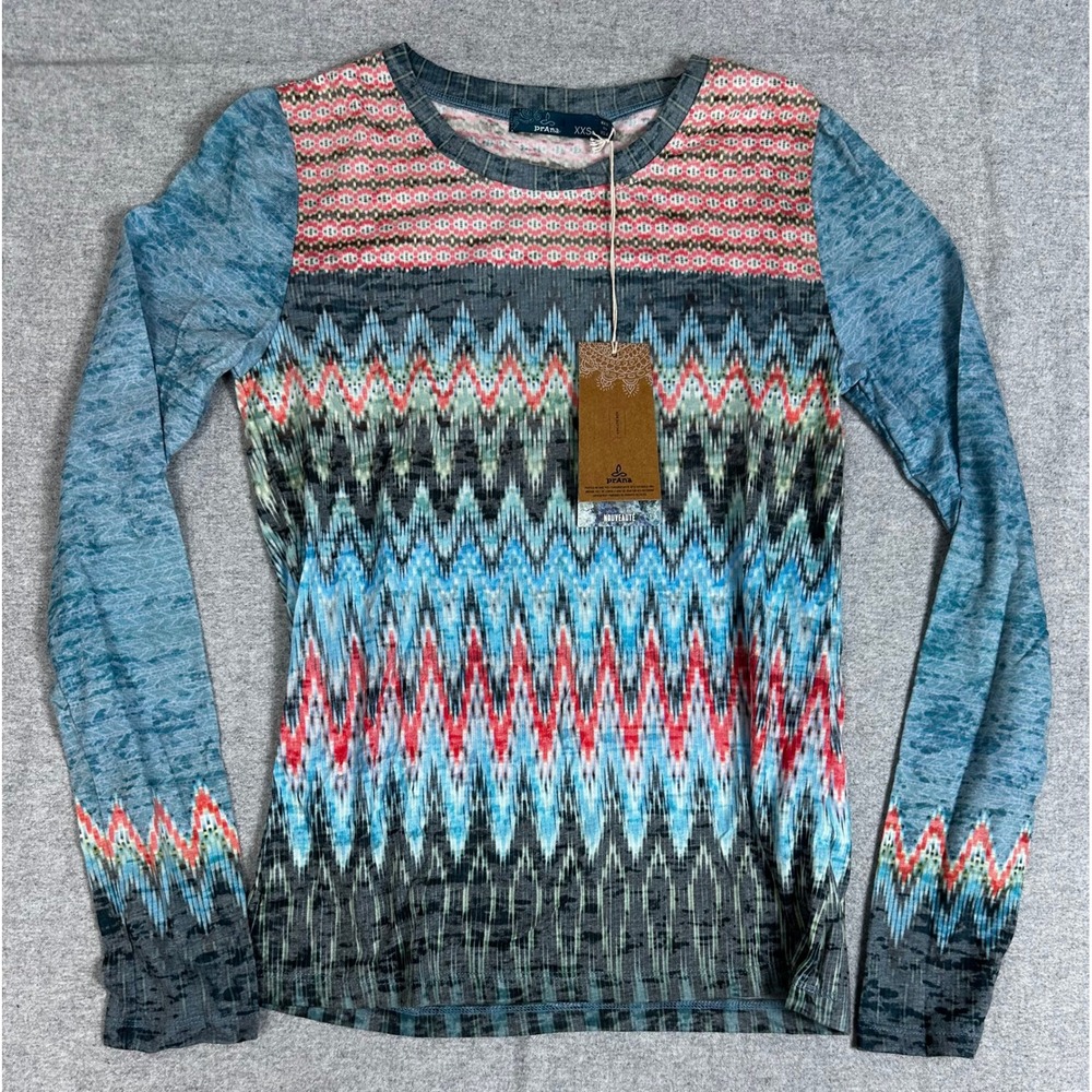 NWT Prana Long Sleeve Top Womens XXS Blue Ikat‎ Geometric Organic Cotton Blend